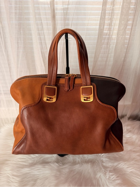 Fendi Handbags - Fendi Two-Tone Brown Dark Brown and Black Leather Satchel with Gold Accents